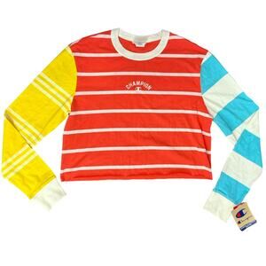 Champion Colorblock Red Yellow Blue Striped Cropped Long Sleeve Tee sz M NEW Tag